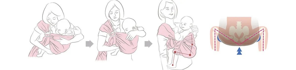 Illustration that shows the thigh supported to the knee joint, there is a minimal negative impact on the hip joint.  Carrying your baby is perfectly safe if the legs are spread and supported and if the hips are in a stable position